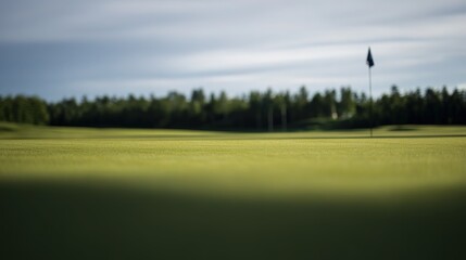 Fototapeta premium Golf Green Velvety Ryegrass Texture Commercial Asset, Perfectly Manicured Soft Morning Light, Distant Flag Deep Depth of Field, Turf Background Design Element