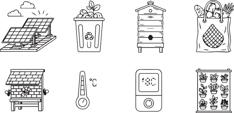 Sustainable living and eco friendly icons set solar panels, compost bin beehive reusable bag and vertical garden line art green energy vector elements