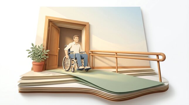 Architectural concept of universal design featuring a wheelchair ramp entrance in 3D papercut style
