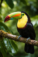 Fototapeta premium Keel-billed Toucan Perched: A vibrant keel-billed toucan with its iconic multicolored beak rests on a moss-covered branch in a lush rainforest.