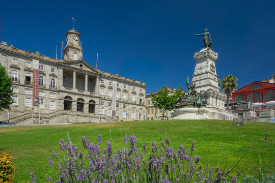 Porto, Portugal - 13 July 2021: View of the Camara Municipal do Porto and Monument to Pedro IV under a bright blue sky, framed by vibrant purple lavender.