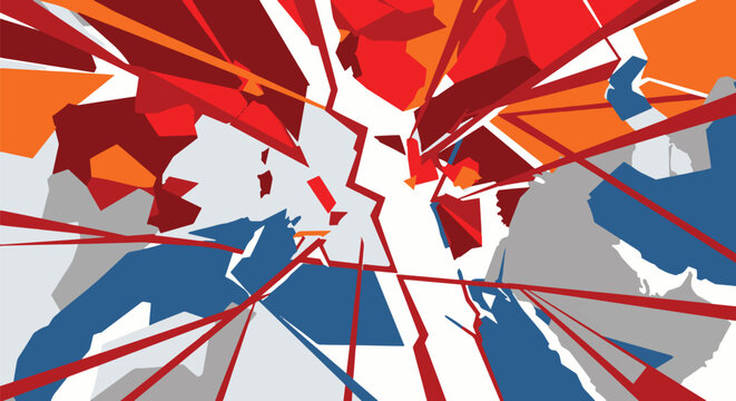 A dynamic abstract composition featuring shattered elements in red, white, blue, orange, and gray, creating a sense of explosion and fragmentation with sharp lines.