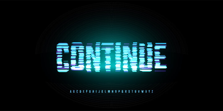 Digital Glitch Font Logo Alphabet Button, Turquoise Neon Glowing Light Future Noise Effect Letter Signs Set, Computer Game Typographic Design, Interface Headline Title, Continue Text. Vector Typeset