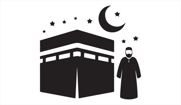 Kaaba with Muslim man under crescent moon and stars Islamic silhouette illustration