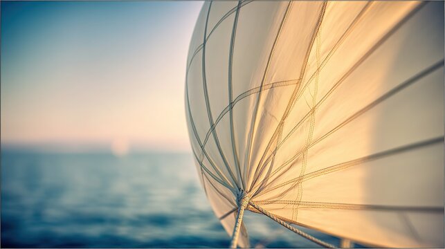 Smooth Petal-Like Bulge in Spinnaker Fabric under Strong Wind, Strained Seams, Closeup against Blurred Sea and Sky, Sailing Aerodynamics