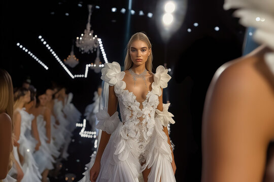 Bridal Fashion Model in White Couture Dress, Runway Editorial