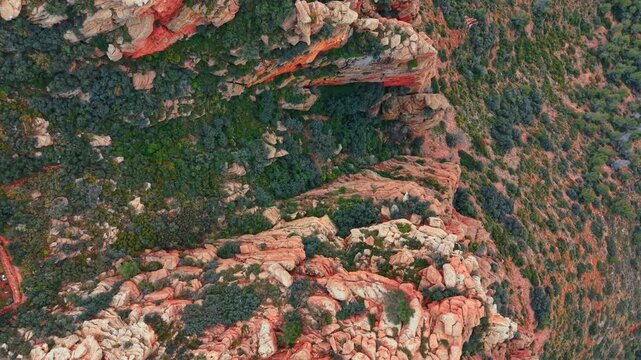 Top down view of deep narrow sandstone rock crevice. Nadir aerial shot looking into a steep rocky ravine with green plants between stones.