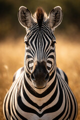 Obraz premium Zebra in Savanna: A striking zebra stands proudly in the golden savanna, its bold stripes creating a mesmerizing pattern. Captured in perfect detail.