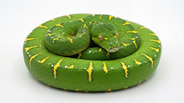 A vibrant green emerald tree boa coiled into a circular shape showing its unique yellow markings