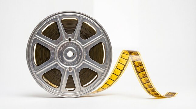 A classic metal film reel featuring a strip of 35mm motion picture film winding from the center