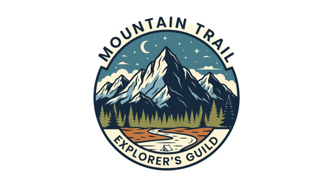 Mountain Trail Explorer's Guild logo features a scenic mountain landscape with a river and trees under a starry night sky