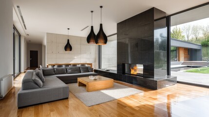 Naklejka premium Modern Minimalist Living Room Design with Cozy Fireplace Accent