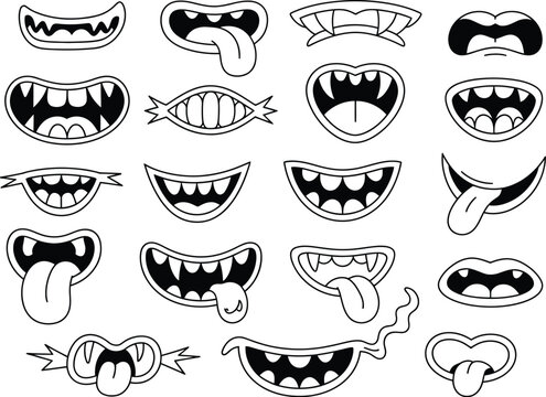 Set of scary smile masks, collection of creepy smiling faces with teeth, line art vector illustration for Halloween masks, children themes, tattoos, and horror creative design projects.