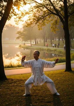 Senior man practicing tai chi in serene park at sunrise, wearing white traditional uniform, surrounded by trees and pond with people exercising in background, capturing a moment of meditatio