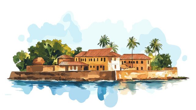 Goree Island. Goree Island hand drawn watercolor illustration on white background
