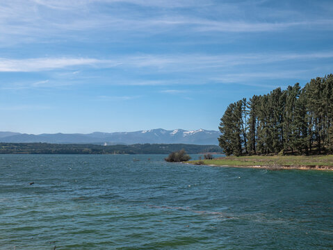 View of the shore of the Barcena Reservoir full of very tall pine trees close to the small waves caused by the wind and some mountains of Bierzo with snow on the peaks at the beginning of spring