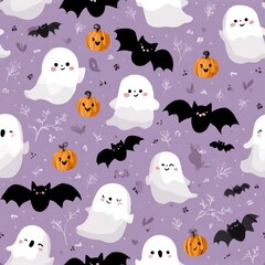 Fototapeta premium Whimsical Halloween Pattern with Ghosts, Bats, and Pumpkins