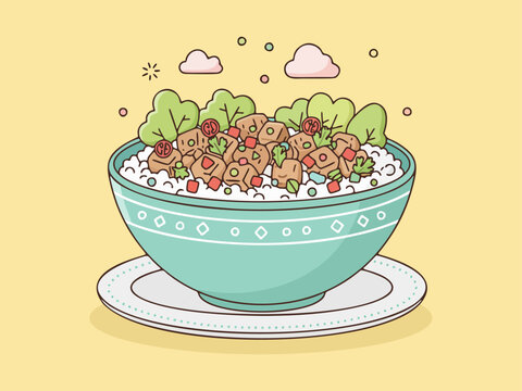 Minimalist flat vector illustration of burrito bowl with toppings food isolated on clean background with simple shapes and modern aesthetic. Perfect for menus, packaging, branding 