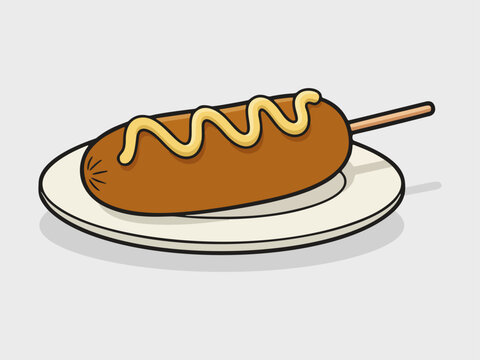 Minimalist flat vector illustration of corndog with mustard on a small plate food isolated on clean background with simple shapes and modern aesthetic. Perfect for menus, packaging, branding, and food