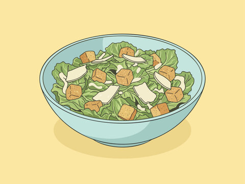 Minimalist flat vector illustration of caesar salad in a bowl food isolated on clean background with simple shapes and modern aesthetic. Perfect for menus, packaging, branding, and food-themed design 