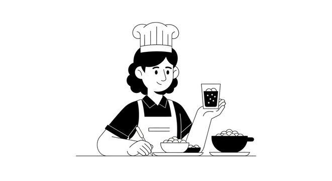 Female chef in cooking scene adding pepper from shaker while plating dish