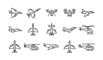 Military aircraft outline icons set jet helicopter drone vector illustration © MdGohurul