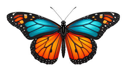 A vibrant butterfly with striking orange, black, and blue wing patterns in flight Vector © MD siddik