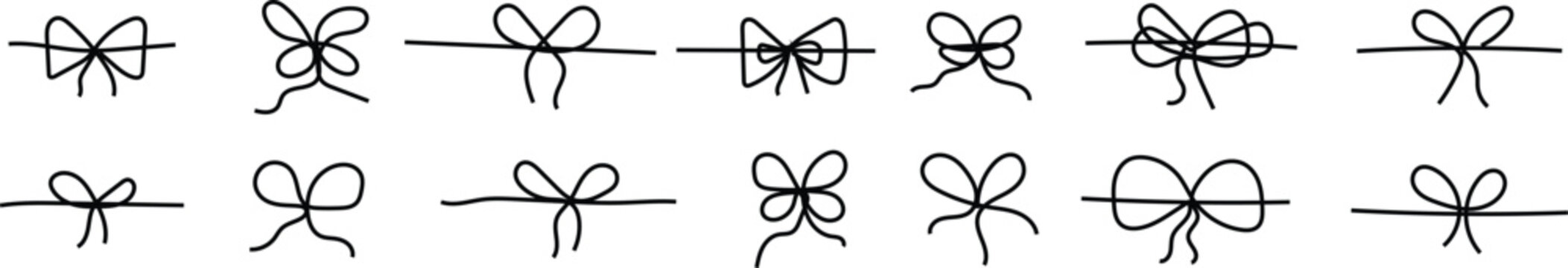 Ribbon icon vector pack. Bowknot icon collection with ribbon bows in outline
Bow gift.  ribbon line simple element set. collection of various decorative ribbon bow designs illustrated in a simple blac