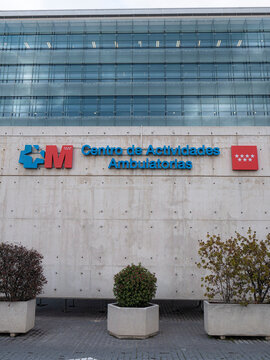 Madrid, Spain; 02-03-2026: Main facade of the outpatient activity center intended for healthcare that does not require admission, belonging to the 12 de Octubre University Hospital