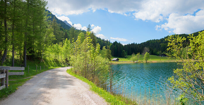 A fantastic circular hiking trail in spring around Lake Lautersee near Mittenwald, bavaria