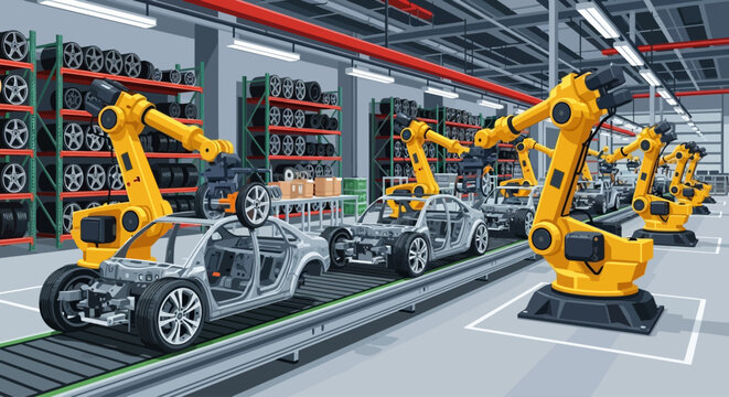 Robotic arms assembling car bodies.