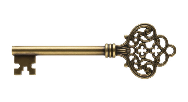 Vintage ornate brass key with intricate floral design isolated on transparent background