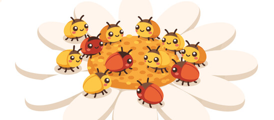 Obraz premium Cartoon soldier beetle group on a daisy flower. Flat design vector illustration isolated on transparent background