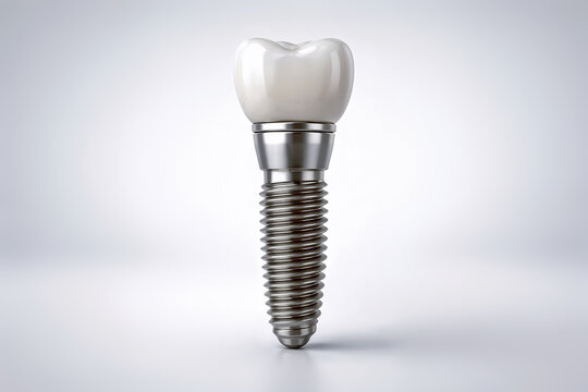 Dental implant structure with screw, abutment and ceramic crown isolated on white background. Professional 3D rendering for restorative dentistry, prosthetic tooth replacement and oral health care.