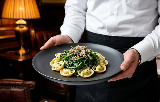 Orecchiette con Cime di Rapa served by waiter in chef uniform. Dish features pasta with broccoli rabe, anchovies, garlic, creamy sauce. Concept of professional dining experience.