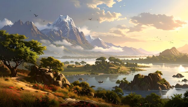 Mountain lake landscape at sunrise