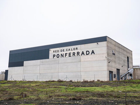 Ponferrada, Leon, Spain; 01-18-2026: Exterior view of the Ponferrada heat network, managed by Somacyl, consisting of a thermal power plant to provide heating and hot water