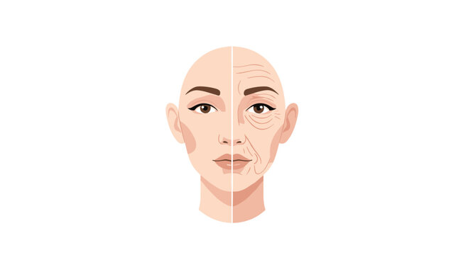A bald female head is presented with a vertical split showing a smooth youthful face on the left and aged wrinkled skin on the right in bright light.