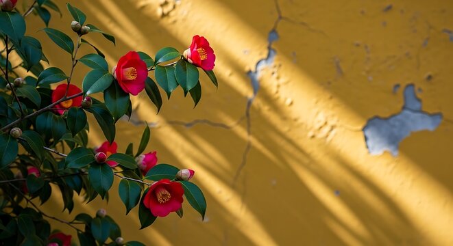 Vibrant red camellia flowers bloom against a textured yellow wall with dappled sunlight.