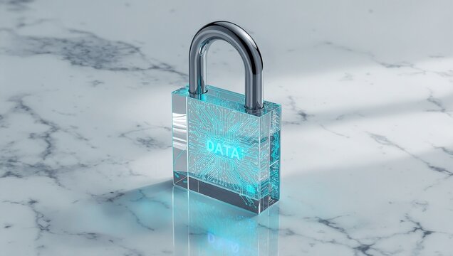 Sleek transparent glass padlock with glowing cyan data text and digital circuitry