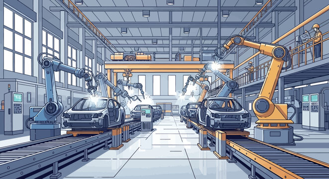 Robotic arm assembling a car.