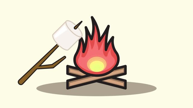 4k footage animation of campfire roasting marshmallow. Delicious and sweet marshmallow on a stick in the background of a campfire. Bonfire camp. Video motion graphic video template design graphics