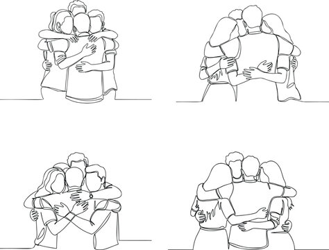 Continuous line art of people hugging in a cluster with together connection friendship affection