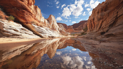 Fototapeta premium Stunning canyon landscape with colorful layered rock formations reflected in calm water under a bright blue sky with scattered clouds, showcasing natural geological beauty.