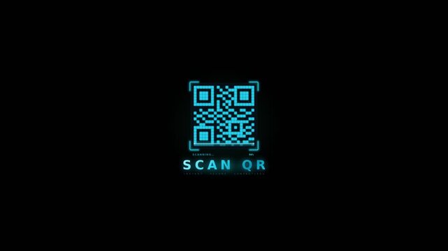 Animated glowing blue QR code scanning interface with digital HUD elements for secure mobile payments and information access concepts