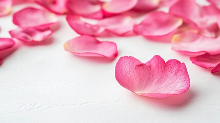 Fototapeta premium Soft pink rose petals scattered on a white surface, showcasing delicate texture and gentle translucence.