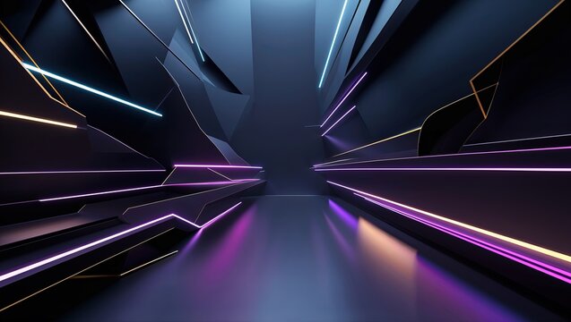 Escenario abstracto con luces ne&oacute;n y perspectiva futurista tecnol&oacute;gica