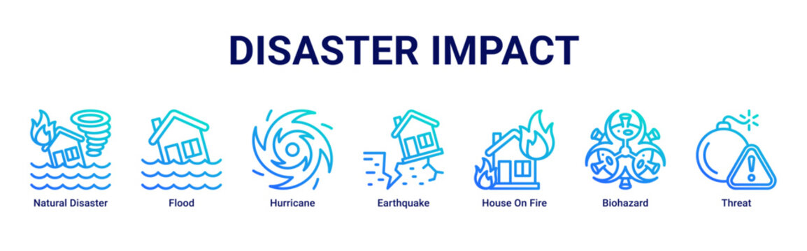 Disaster Impact web banner icon vector illustration with icons of Natural Disaster, Flood, Hurricane, Earthquake, House On Fire, Biohazard and Threat