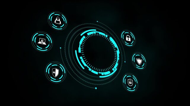 Futuristic digital security interface displaying cyber threat protection and data privacy icons, Cyber security shield protects digital data, Network monitoring enhances system protection .