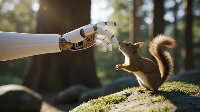 Artificial intelligence interacting with wildlife: a robotic hand reaching out to a squirrel in the woods, coexistence concept